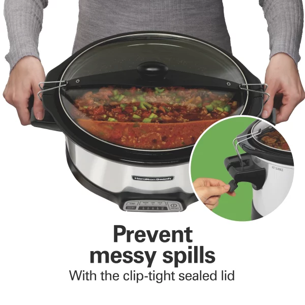 Hamilton Beach Programmable Stay or Go Slow Cooker, 7 Quart Capacity, Lid Lock for portability, Dishwasher Safe Removable Crock, Silver 33576