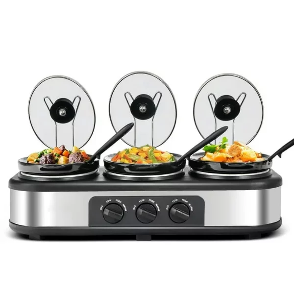 CozyHom 4.5QT Electric Slow Cooker 3 in 1, 3-Pots Stainless Steel Buffet Server Food Slow Cooker With Adjustable Temp Removable Lid Rests Triple Pot, Black