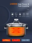 Slow Cooker, HOUSNAT 10 in 1 Programmable Cooker, 6Qt Stainless Steel, Rice Cooker, Yogurt Maker, Delay Start, Steaming Rack and Glass Lid, Adjustable Temp&Time for Slow Cook with Digital Timer