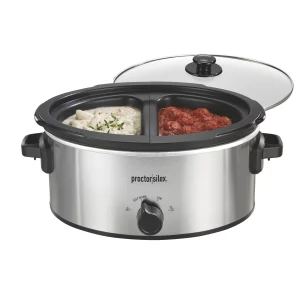 Proctor Silex Double Dish Slow Cooker with 6 Quart Crock and Dual 2.5 Qt Non-Stick Insert to Cook Two Meals at Once, Silver, 33563