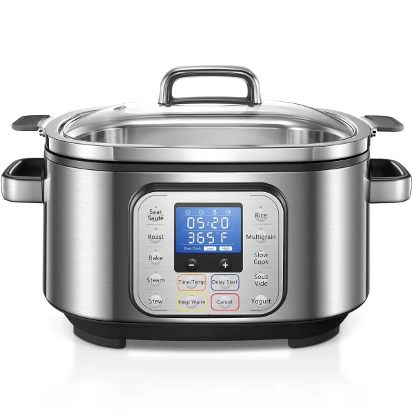 Slow Cooker, HOUSNAT 10 in 1 Programmable Cooker, 6Qt Stainless Steel, Rice Cooker, Yogurt Maker, Delay Start, Steaming Rack and Glass Lid, Adjustable Temp&Time for Slow Cook with Digital Timer