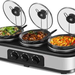 Superjoe Triple Slow Cooker, 3x1.5 Quart Electric Slow Cooker Buffet Server, Food Warmer Cooking Pot, Adjustable Temp Removable Ceramic Pots Lid Rests