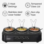 Royalcraft Triple Slow Cooker Buffet Servers and Warmer,3 Pot Food Small Mini Manual Slow Cooker with Adjustable Temp Stainless Steel Lid Rests,Removable Ceramic Pot,4.5 QT Black
