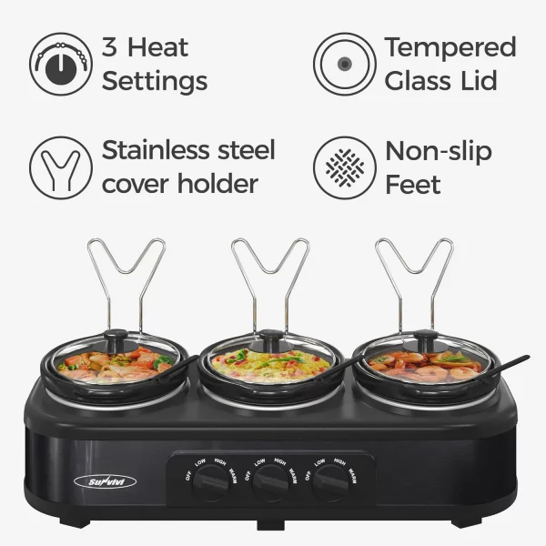 Royalcraft Triple Slow Cooker Buffet Servers and Warmer,3 Pot Food Small Mini Manual Slow Cooker with Adjustable Temp Stainless Steel Lid Rests,Removable Ceramic Pot,4.5 QT Black