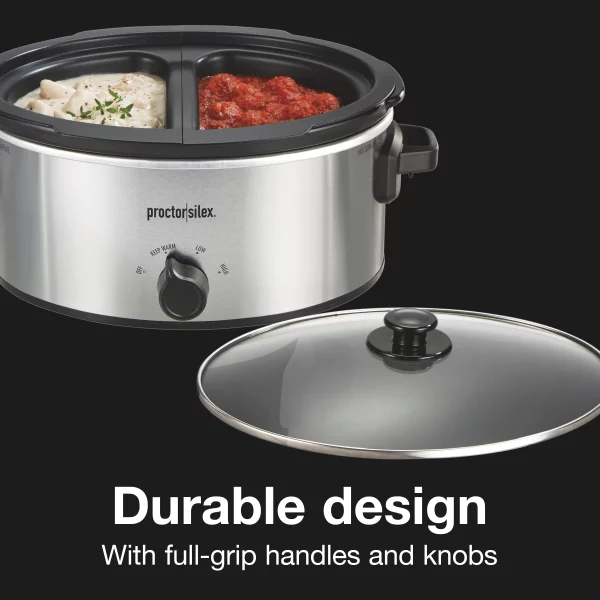 Proctor Silex Double Dish Slow Cooker with 6 Quart Crock and Dual 2.5 Qt Non-Stick Insert to Cook Two Meals at Once, Silver, 33563