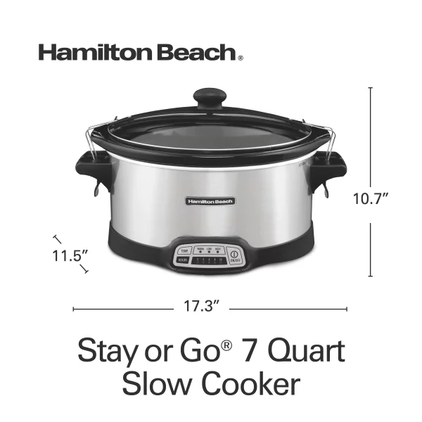 Hamilton Beach Programmable Stay or Go Slow Cooker, 7 Quart Capacity, Lid Lock for portability, Dishwasher Safe Removable Crock, Silver 33576