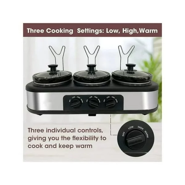 CozyHom 4.5QT Electric Slow Cooker 3 in 1, 3-Pots Stainless Steel Buffet Server Food Slow Cooker With Adjustable Temp Removable Lid Rests Triple Pot, Black