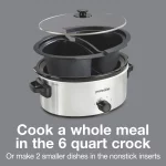 Proctor Silex Double Dish Slow Cooker with 6 Quart Crock and Dual 2.5 Qt Non-Stick Insert to Cook Two Meals at Once, Silver, 33563