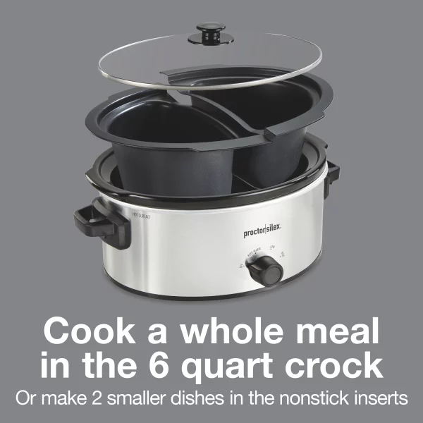 Proctor Silex Double Dish Slow Cooker with 6 Quart Crock and Dual 2.5 Qt Non-Stick Insert to Cook Two Meals at Once, Silver, 33563