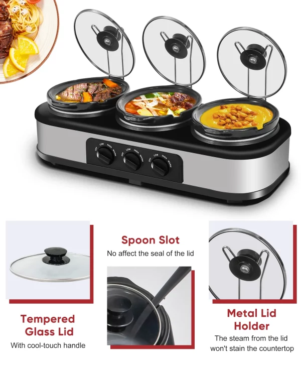 CozyHom 4.5QT Electric Slow Cooker 3 in 1, 3-Pots Stainless Steel Buffet Server Food Slow Cooker With Adjustable Temp Removable Lid Rests Triple Pot, Black