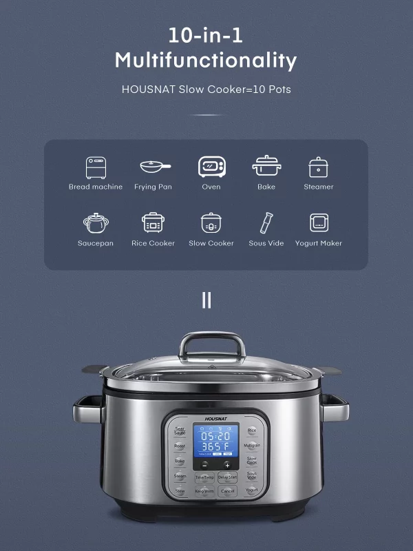 Slow Cooker, HOUSNAT 10 in 1 Programmable Cooker, 6Qt Stainless Steel, Rice Cooker, Yogurt Maker, Delay Start, Steaming Rack and Glass Lid, Adjustable Temp&Time for Slow Cook with Digital Timer