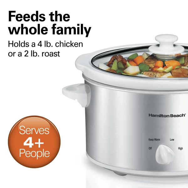 Hamilton Beach Slow Cooker, 4 Quart Capacity, Serves 4+ People, Removable Crock, White and Silver, 33140