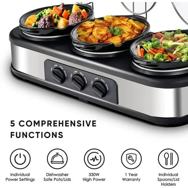 CozyHom 4.5QT Electric Slow Cooker 3 in 1, 3-Pots Stainless Steel Buffet Server Food Slow Cooker With Adjustable Temp Removable Lid Rests Triple Pot, Black