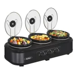Royalcraft Triple Slow Cooker Buffet Servers and Warmer,3 Pot Food Small Mini Manual Slow Cooker with Adjustable Temp Stainless Steel Lid Rests,Removable Ceramic Pot,4.5 QT Black