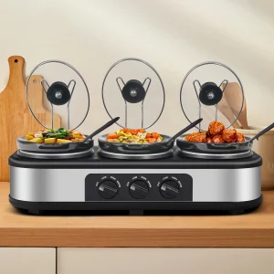 CozyHom 4.5QT Electric Slow Cooker 3 in 1, 3-Pots Stainless Steel Buffet Server Food Slow Cooker With Adjustable Temp Removable Lid Rests Triple Pot, Black